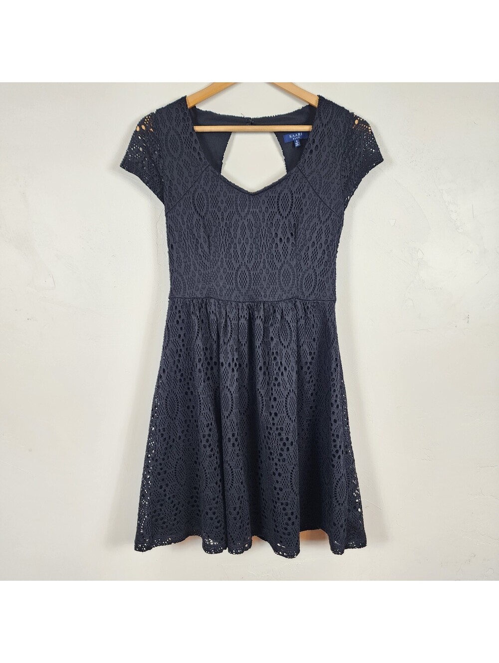 Kaari Blue Black Lace Fit Flare Dress Cutout Back Cap Sleeve Cocktail Small S